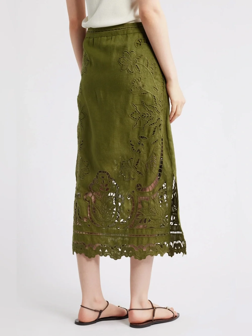 FARM Rio 100% Linen Olive Green Cutwork Midi Skirt - Picture 3 of 10